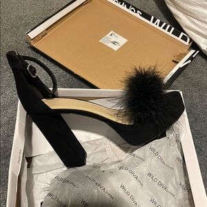 Wild Diva Black High Heels with Pom-Pom Detail